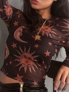 Celestial Mesh Long-Sleeve Crop Top - Brown Sun & Moon Print